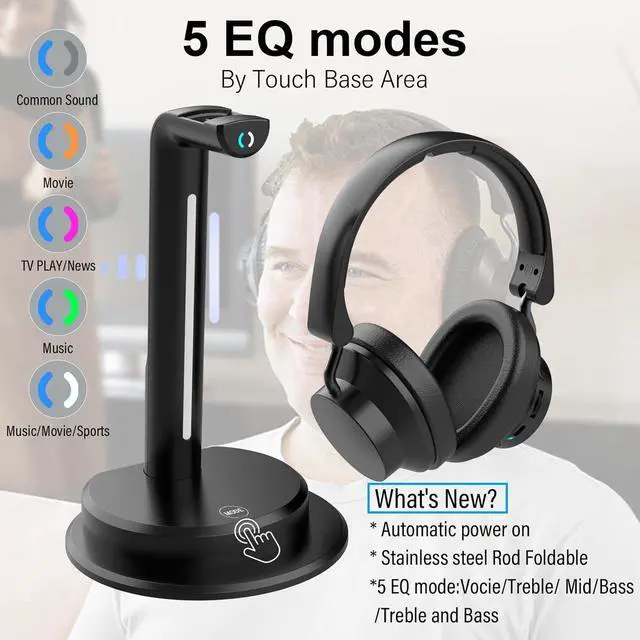 Alt view image 3 of 7 - ANSTEN Wireless Headphones for TV Watching w/Balance Control, Digital Optical RCA AUX 2.4 GHz Transmitter Charging Dock, Roller Volume Control, 5 Sound Modes, No Audio Lag, Auto Power On