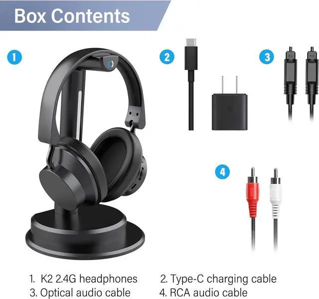 Alt view image 7 of 7 - ANSTEN Wireless Headphones for TV Watching w/Balance Control, Digital Optical RCA AUX 2.4 GHz Transmitter Charging Dock, Roller Volume Control, 5 Sound Modes, No Audio Lag, Auto Power On