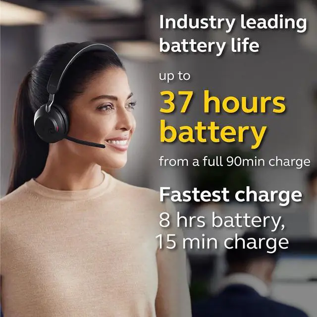 Alt view image 5 of 7 - Jabra Evolve2 65 UC Wireless Headphones with Link380a, Stereo, Black  Wireless Bluetooth Headset for Calls and Music, 37 Hours of Battery Life, Passive Noise Cancelling Headphones