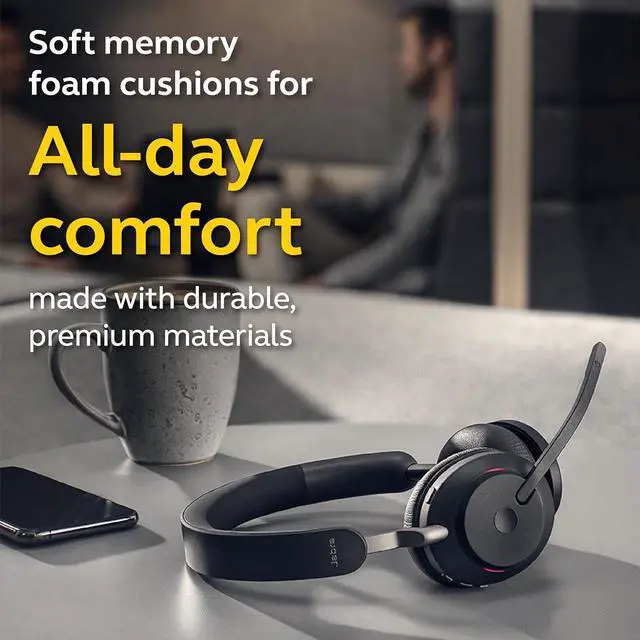 Alt view image 6 of 7 - Jabra Evolve2 65 UC Wireless Headphones with Link380a, Stereo, Black  Wireless Bluetooth Headset for Calls and Music, 37 Hours of Battery Life, Passive Noise Cancelling Headphones