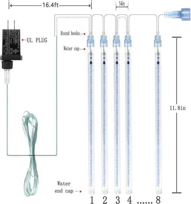Alt view image 4 of 5 - Kwaiffeo Icicle Meteor Shower Lights - 12 Inch 8 Tube Cascading Lights for Xmas Tree Decor, Wedding Party, Outdoor Decorations, Multi Colored, UL Plug