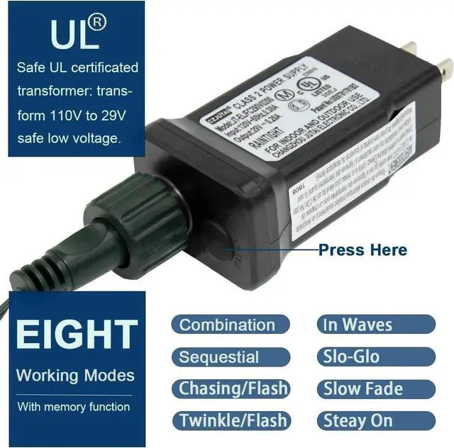 Alt view image 3 of 6 - Decute 300LED Christmas String Lights Outdoor Waterproof 105FT UL Certified with End-to-End Plug 8 Modes, Warm White Indoor Starry Fairy Lights for Christmas Tree Patio Garden Wedding Party Decor