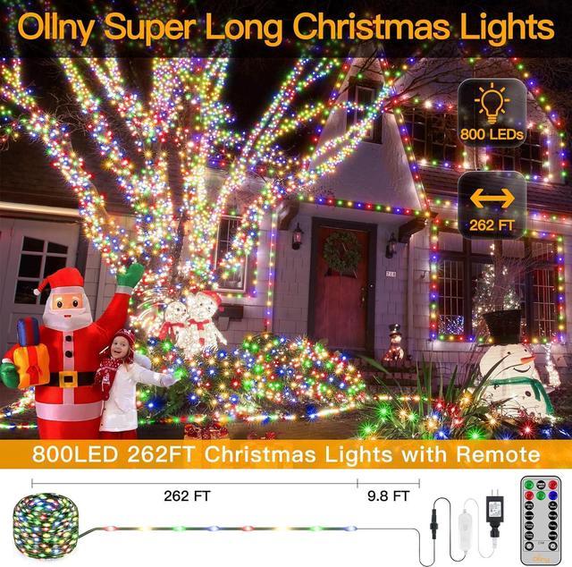 Ollny Christmas Lights 800LED 262FT Plug in, IP67 Waterproof Green Wire  Outdoor Christmas Lights with Remote, 8 Modes with Timer Christmas Tree  Lights for House Indoor Xmas Decorations (Multicolored) 