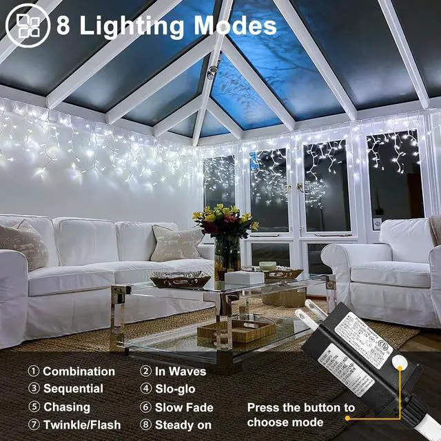 Alt view image 2 of 7 - White Christmas Lights Outdoor, 66ft 640 LED Icicle Lights for Outside House with Connectable Clear Wire 8 Modes Timer, Plug in Waterproof for Home Holiday Eaves Yard Roof Party Room Indoor Decoration