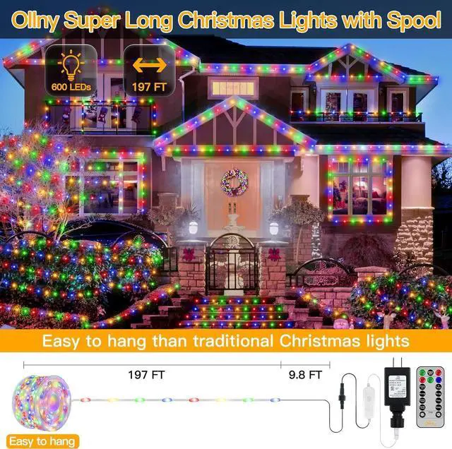 Alt view image 2 of 7 - Ollny Christmas Lights 600LED 197FT, IP67 Waterproof Christmas Tree Lights with Remote 8 Modes Timer Dimmable, Plug in Xmas Lights for Outdoor Indoor House Holiday Yard Decorations, Multicolor
