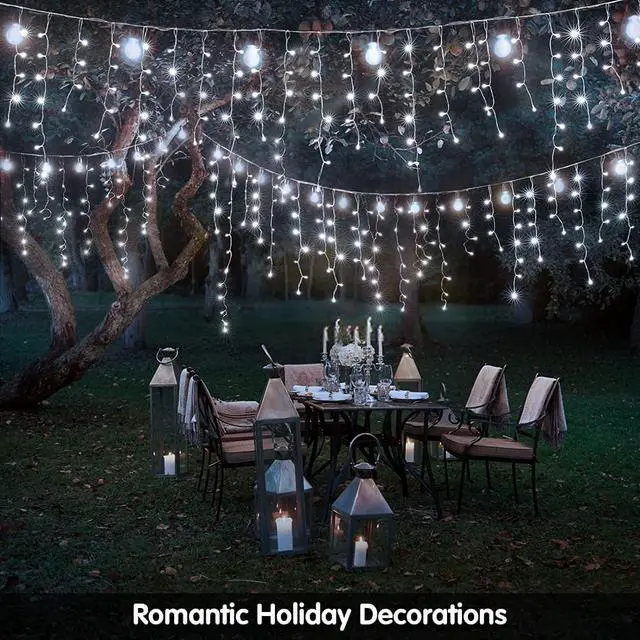 Alt view image 2 of 7 - Solar Christmas Lights Outdoor Waterproof Christmas Decorations Curtain Lights 320LED 29.5ft 60 Drops, Solar Powered Rechargeable Fairy Lights for Party, Wedding, Home Decorations(White)