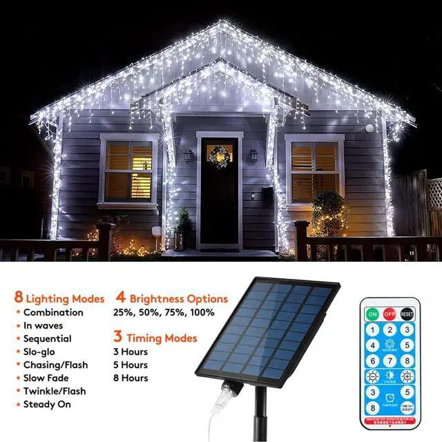 Alt view image 3 of 7 - Solar Christmas Lights Outdoor Waterproof Christmas Decorations Curtain Lights 320LED 29.5ft 60 Drops, Solar Powered Rechargeable Fairy Lights for Party, Wedding, Home Decorations(White)