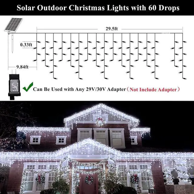 Alt view image 4 of 7 - Solar Christmas Lights Outdoor Waterproof Christmas Decorations Curtain Lights 320LED 29.5ft 60 Drops, Solar Powered Rechargeable Fairy Lights for Party, Wedding, Home Decorations(White)