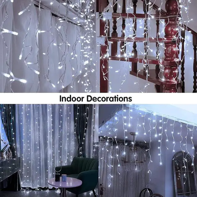 Alt view image 5 of 7 - Solar Christmas Lights Outdoor Waterproof Christmas Decorations Curtain Lights 320LED 29.5ft 60 Drops, Solar Powered Rechargeable Fairy Lights for Party, Wedding, Home Decorations(White)
