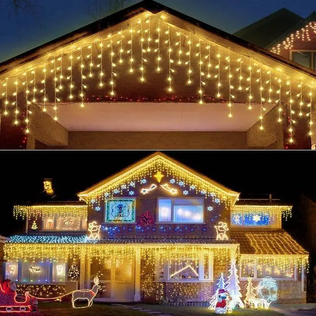 Alt view image 7 of 7 - 304 LED Solar Christmas Icicle Lights Outdoor Decorations, 8 Modes Waterproof Icicle Fairy Lights for Outside Holiday, Patio, Balcony, Christmas, Window, House Eaves Decorations, Warm White