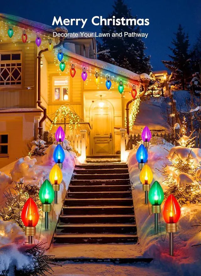 Alt view image 7 of 7 - Jumbo C9 Christmas Pathway Lights Outdoor - 2 Pack Total 17 Feet 10 LED C9 Walkway Lights, Multicolor Jumbo Light Christmas Bulb Light Outdoor Decorations for Lawn Holiday Outside Yard Garden