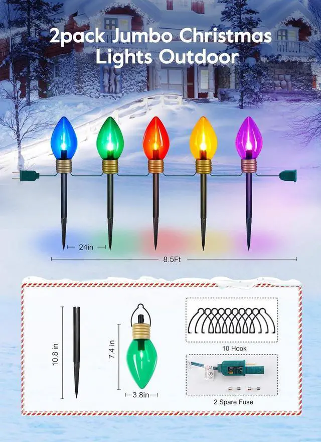 Alt view image 4 of 7 - Jumbo C9 Christmas Pathway Lights Outdoor - 2 Pack Total 17 Feet 10 LED C9 Walkway Lights, Multicolor Jumbo Light Christmas Bulb Light Outdoor Decorations for Lawn Holiday Outside Yard Garden