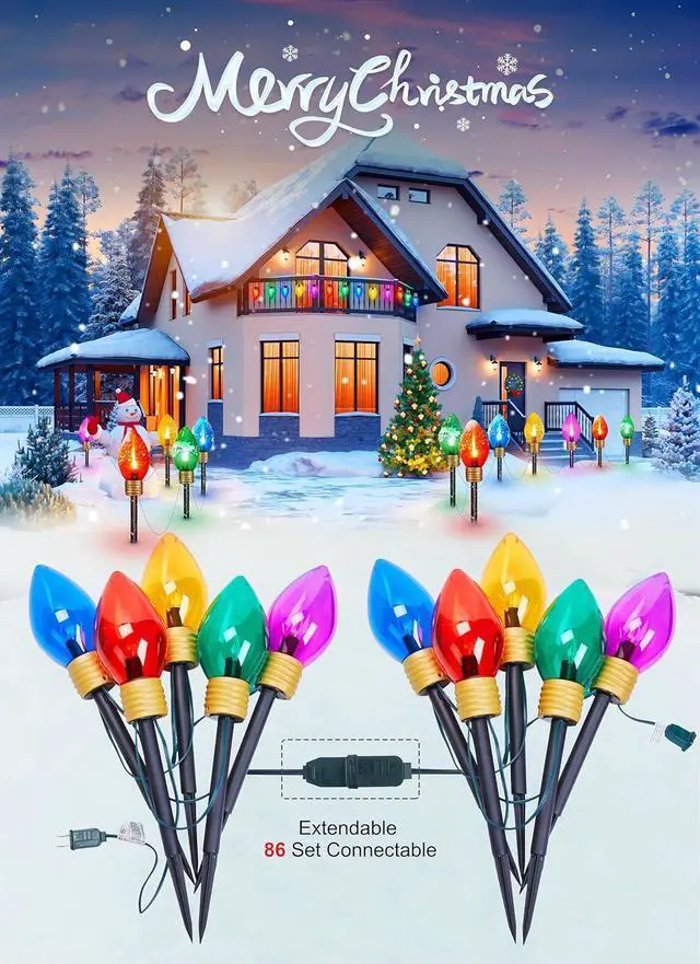 Alt view image 5 of 7 - Jumbo C9 Christmas Pathway Lights Outdoor - 2 Pack Total 17 Feet 10 LED C9 Walkway Lights, Multicolor Jumbo Light Christmas Bulb Light Outdoor Decorations for Lawn Holiday Outside Yard Garden