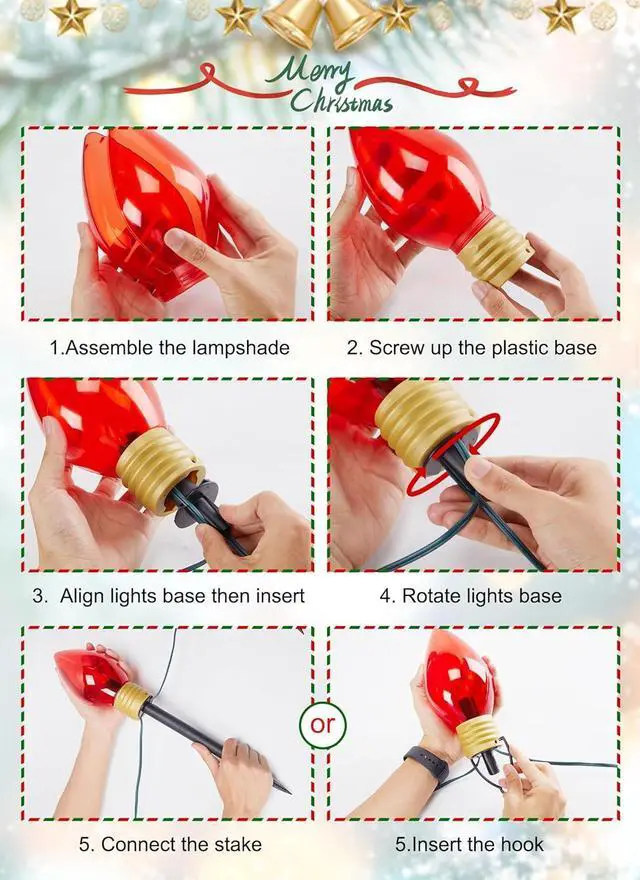 Alt view image 6 of 7 - Jumbo C9 Christmas Pathway Lights Outdoor - 2 Pack Total 17 Feet 10 LED C9 Walkway Lights, Multicolor Jumbo Light Christmas Bulb Light Outdoor Decorations for Lawn Holiday Outside Yard Garden