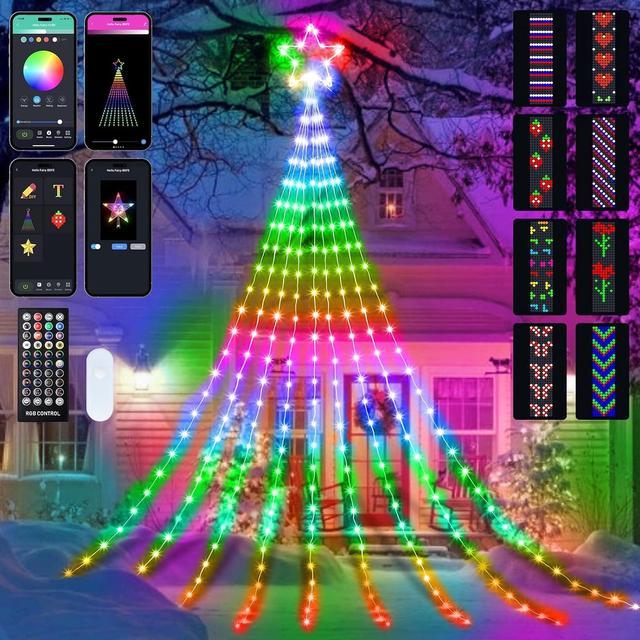 Outdoor Christmas Star String Lights, Smart RGB Waterfall Tree String Light with App Remote Control, DIY Modes Dimmable Timer Music Sync Shooting Star