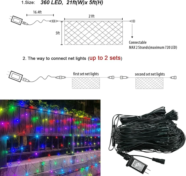 Alt view image 7 of 7 - 360 LED Colorful Christmas Net Lights, 21ft x 5ft Connectable Mesh String Lights, 8 Modes, Waterproof Outdoor Christmas Light for Tree, Bushes, Garden Party Multicolour