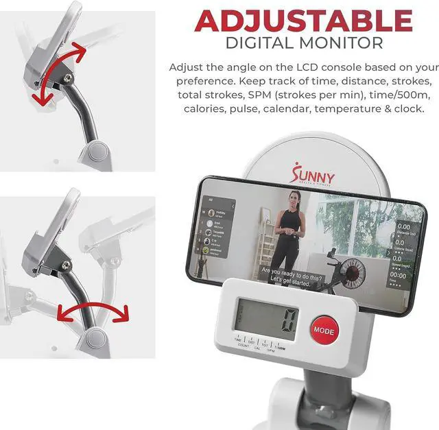 Alt view image 3 of 7 - Sunny Health & Fitness Compact Folding Magnetic Rowing Machine with 43 Inch Slide Rail, 285 LB Max Weight, Synergy Power Motion, Optional Smart Exclusive SunnyFit® App Enhanced Bluetooth Connectivity