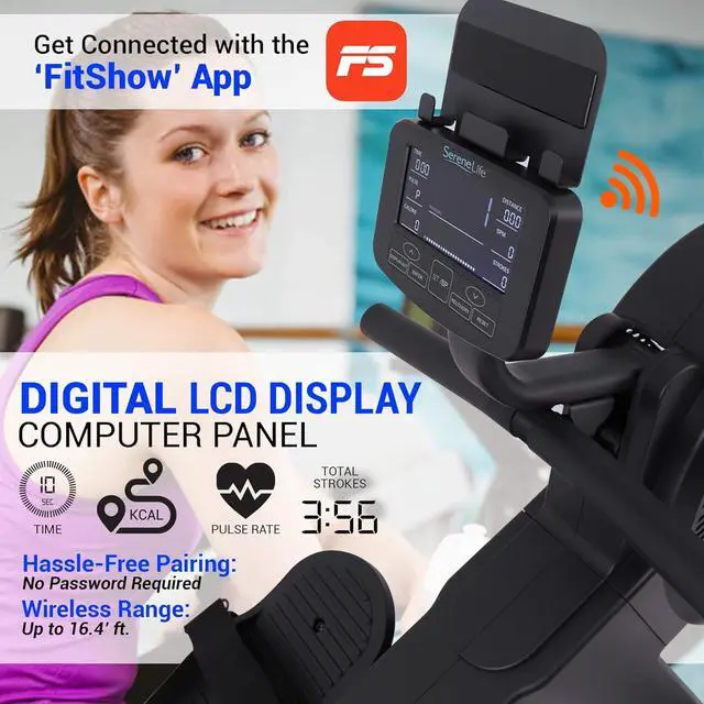 Alt view image 2 of 7 - SereneLife Smart Rowing Machine-Home Machine with Smartphone Fitness Monitoring App, Magnetic Row Machine for Gym or Home Use, 16 Levels Resistance