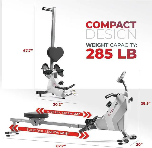 Alt view image 6 of 7 - Sunny Health & Fitness Compact Folding Magnetic Rowing Machine with 43 Inch Slide Rail, 285 LB Max Weight, Synergy Power Motion, Optional Smart Exclusive SunnyFit® App Enhanced Bluetooth Connectivity