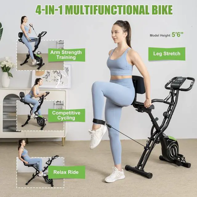 Alt view image 2 of 7 - Caromix Folding Exercise Bike, 4 in 1 Stationary Bike 16-Level Magnetic Resistance Cycling Bicycle Upright Indoor Cycling Bike for Home Workout 330LB Capacity
