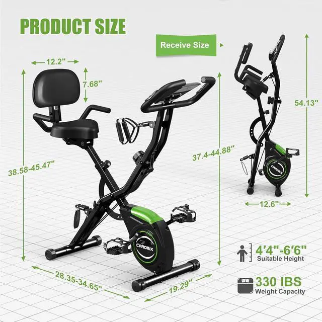 Alt view image 7 of 7 - Caromix Folding Exercise Bike, 4 in 1 Stationary Bike 16-Level Magnetic Resistance Cycling Bicycle Upright Indoor Cycling Bike for Home Workout 330LB Capacity