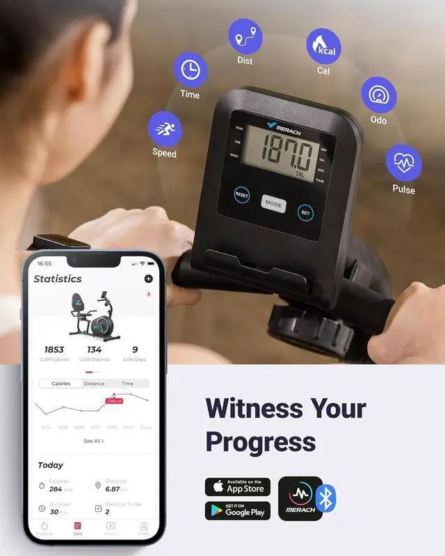 Alt view image 6 of 7 - MERACH Recumbent Exercise Bike for Home with Smart Bluetooth and Exclusive App Connectivity, LCD, Heart Rate Handle, Magnetic Recumbent Bikes S08/S19