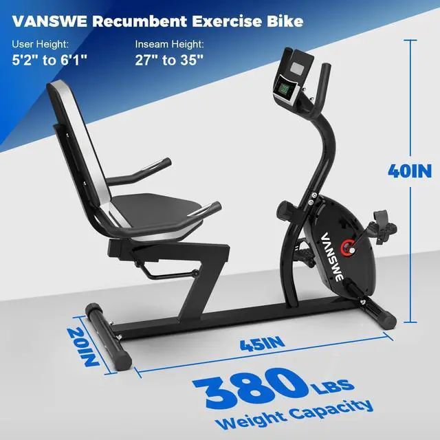 Alt view image 3 of 7 - Vanswe Recumbent Exercise Bike for Adults Seniors - Recumbent Bikes for Home with Magnetic Resistance, Bluetooth and App Connectivity, Pulse Sensor