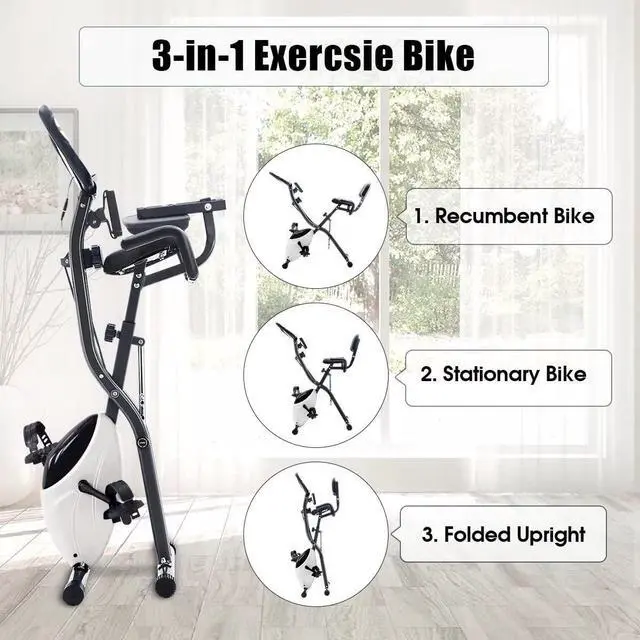 Alt view image 2 of 7 - Merax Folding Exercise Bike, 3 In 1 Fitness Exercise Bike, Foldable Stationary Bike with Resistance Bands,16 Level Adjustable Magnetic Resistance X-Exercise Bike, Indoor Cycling Exercise Bike for Home