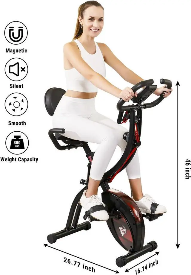 Alt view image 2 of 6 - HAPBEAR Folding Exercise Bike Magnetic Foldable Stationary Bike, 3 in 1 Mode Indoor Upright Fitness Workout X-Bike with 8-Level Resistance and Arm Resistance Band, Pulse Sensor,LCD Monitor Red