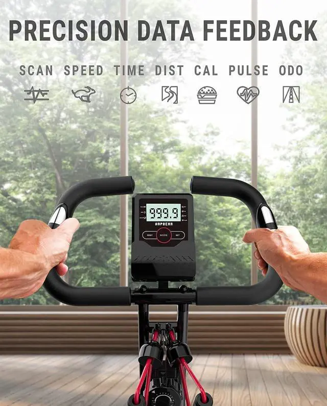 Alt view image 4 of 6 - HAPBEAR Folding Exercise Bike Magnetic Foldable Stationary Bike, 3 in 1 Mode Indoor Upright Fitness Workout X-Bike with 8-Level Resistance and Arm Resistance Band, Pulse Sensor,LCD Monitor Red