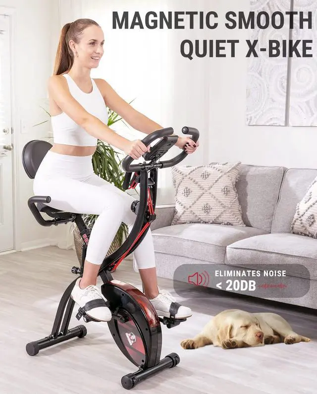 Alt view image 5 of 6 - HAPBEAR Folding Exercise Bike Magnetic Foldable Stationary Bike, 3 in 1 Mode Indoor Upright Fitness Workout X-Bike with 8-Level Resistance and Arm Resistance Band, Pulse Sensor,LCD Monitor Red