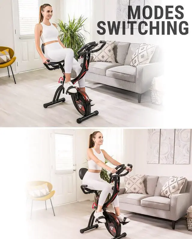 Alt view image 6 of 6 - HAPBEAR Folding Exercise Bike Magnetic Foldable Stationary Bike, 3 in 1 Mode Indoor Upright Fitness Workout X-Bike with 8-Level Resistance and Arm Resistance Band, Pulse Sensor,LCD Monitor Red