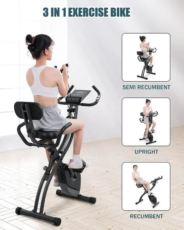 Alt view image 3 of 7 - Exercise Bike Folding Stationary Bike Magnetic Recumbent 3-in-1 Cycling Slim Bike with Arm Resistance Bands & LCD Monitor for Men and Women Indoor Outdoor, black, 32 x 19 x 39 inches