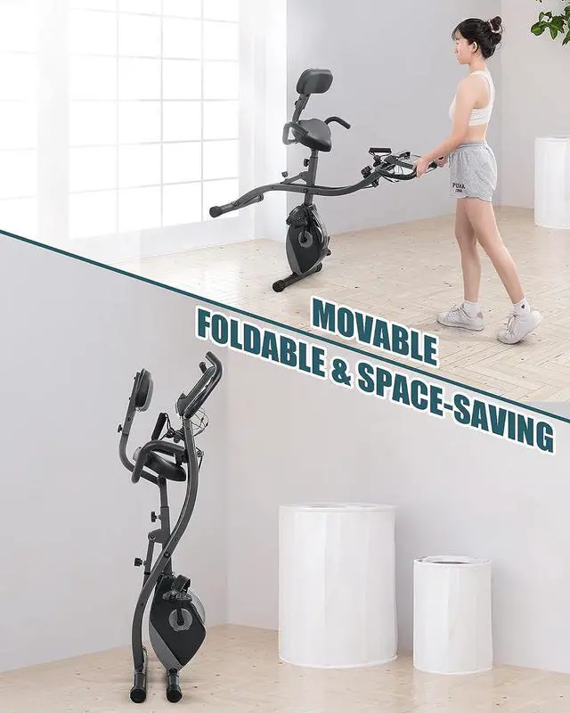 Alt view image 5 of 7 - Exercise Bike Folding Stationary Bike Magnetic Recumbent 3-in-1 Cycling Slim Bike with Arm Resistance Bands & LCD Monitor for Men and Women Indoor Outdoor, black, 32 x 19 x 39 inches