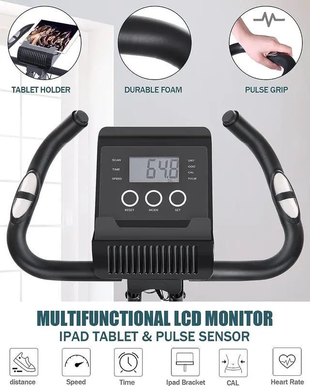 Alt view image 6 of 7 - Exercise Bike Folding Stationary Bike Magnetic Recumbent 3-in-1 Cycling Slim Bike with Arm Resistance Bands & LCD Monitor for Men and Women Indoor Outdoor, black, 32 x 19 x 39 inches