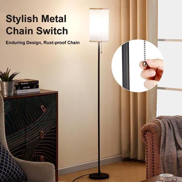 Alt view image 5 of 7 - Floor Lamps for Living Room, Modern Standing Lamp with Pull Chain Switch, 3 Color Temperature Black Pole Lamp with Lampshade, 9W LED Bulb Tall Lamps for Bedroom Office Kid Room