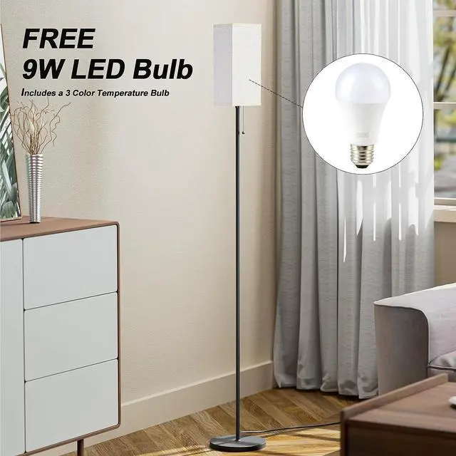 Alt view image 4 of 7 - Floor Lamps for Living Room, Modern Standing Lamp with Pull Chain Switch, 3 Color Temperature Black Pole Lamp with Lampshade, 9W LED Bulb Tall Lamps for Bedroom Office Kid Room