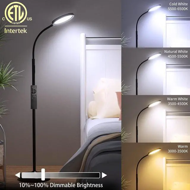 Alt view image 2 of 7 - luckystyle Floor Lamp,Super Bright Dimmable LED Lamps for Living Room, Custom Color Temperature Standing Lamp with Remote Push Button, Adjustable Gooseneck Reading Floor Lamp for Bedroom Office Black