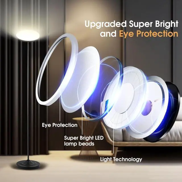 Alt view image 5 of 7 - Upgraded Floor Lamp, 36W/3600LM Super Bright Floor Lamp with Remote Control, Stepless Adjust Color Temperatures and Brightness, Torchiere Standing Lamp for Living Room Bedroom Office