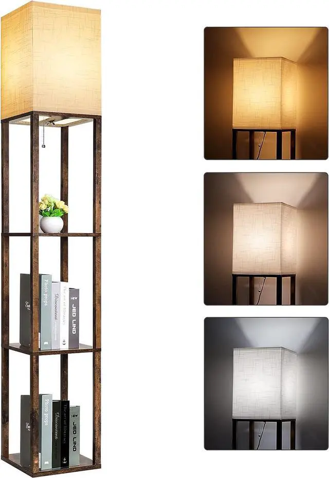 Main image of RUNTOP Floor Lamp with Shelves, Modern Shelf Lamp for Display Storage, 3 Color Temperature Wood Narrow Standing Corner Lamp with 8W Bulb for Living Room Decor, Bedroom, Office, Home Decor(Brown)