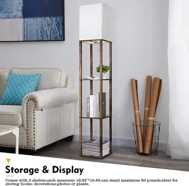 Alt view image 3 of 7 - RUNTOP Floor Lamp with Shelves, Modern Shelf Lamp for Display Storage, 3 Color Temperature Wood Narrow Standing Corner Lamp with 8W Bulb for Living Room Decor, Bedroom, Office, Home Decor(Brown)