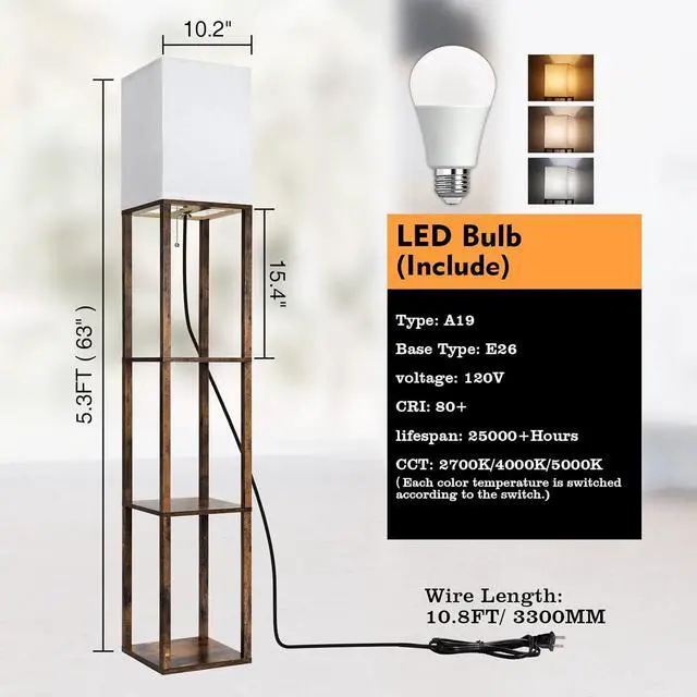Alt view image 7 of 7 - RUNTOP Floor Lamp with Shelves, Modern Shelf Lamp for Display Storage, 3 Color Temperature Wood Narrow Standing Corner Lamp with 8W Bulb for Living Room Decor, Bedroom, Office, Home Decor(Brown)