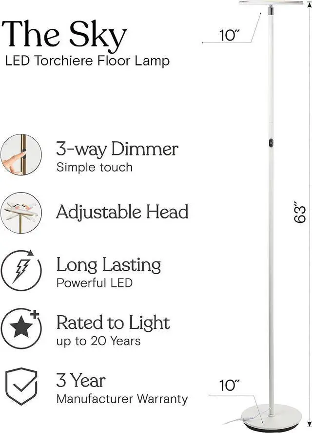 Alt view image 3 of 7 - Brightech Sky LED Torchiere Super Bright Floor Lamp - Contemporary, High Lumen Light for Living Rooms and Offices - Dimmable, Indoor Pole Uplight for Bedroom Reading - White