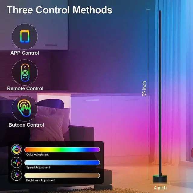 Alt view image 3 of 7 - Corner Floor Lamp - Smart RGB LED Corner Lamp with App and Remote Control, 16 Million Colors & 68+ Scene, Music Sync, Timer Setting - Ideal for Living Rooms, Bedrooms, and Gaming Rooms