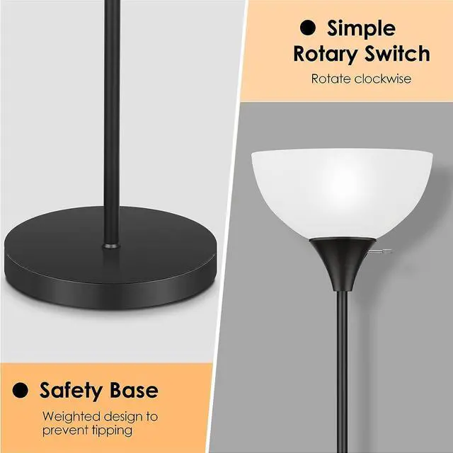 Alt view image 3 of 7 - Floor Lamp, LED Standing Lamps with White Plastic Shade, Black Modern Torchiere Floor Lamp, Tall Lamps for Living Room Dorm, Bulb not Included