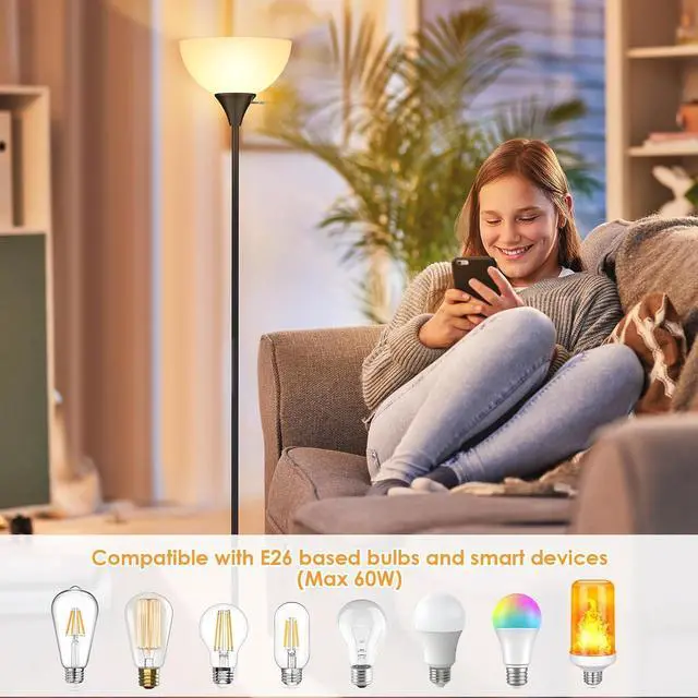Alt view image 4 of 7 - Floor Lamp, LED Standing Lamps with White Plastic Shade, Black Modern Torchiere Floor Lamp, Tall Lamps for Living Room Dorm, Bulb not Included