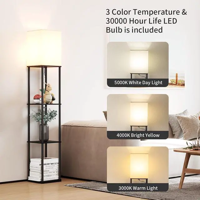 Alt view image 2 of 6 - SUNMORY Floor Lamp with Shelves, Modern Square Standing Lamp with 3 Color Temperature Bulb, Corner Display Bookshelf Lamp for Living Room and Bedroom(Black)