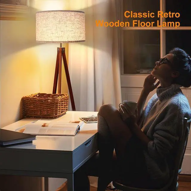 Alt view image 2 of 7 - LEPOWER Wood Tripod Floor Lamp, Mid Century Standing Lamp, Modern Design Studying Light for Living Room, Bedroom, Study Room and Office, Flaxen Lamp Shade with E26 Lamp Base Brown