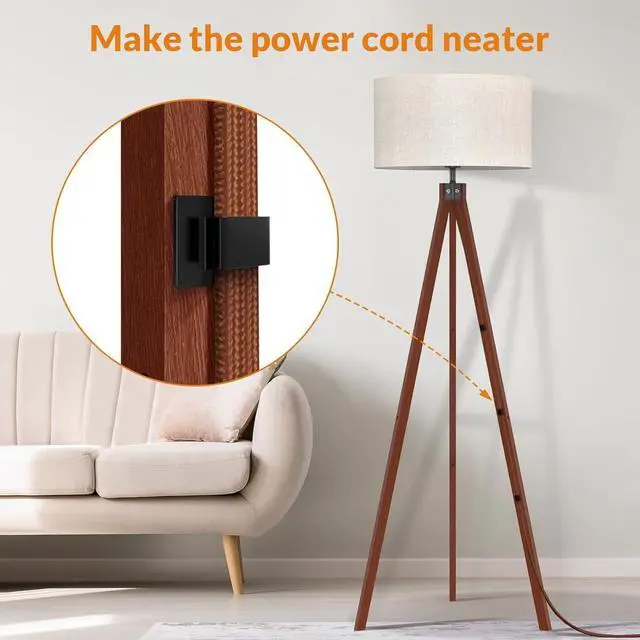 Alt view image 3 of 7 - LEPOWER Wood Tripod Floor Lamp, Mid Century Standing Lamp, Modern Design Studying Light for Living Room, Bedroom, Study Room and Office, Flaxen Lamp Shade with E26 Lamp Base Brown