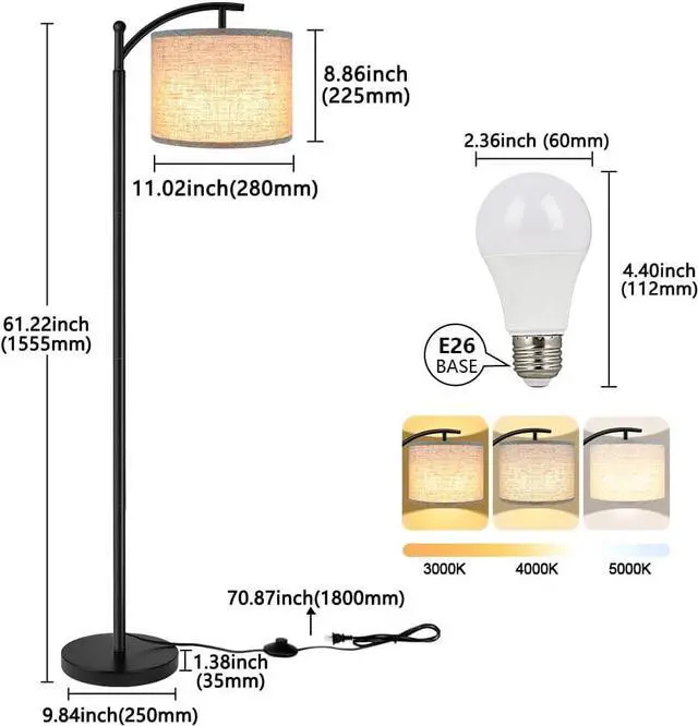 Alt view image 4 of 7 - ROTTOGOON Floor Lamp for Living Room with 3 Color Temperatures LED Bulb, Standing Lamp Tall Industrial Floor Lamp Reading for Bedroom, Office (9W LED Bulb, Beige Lampshade Included) -Black